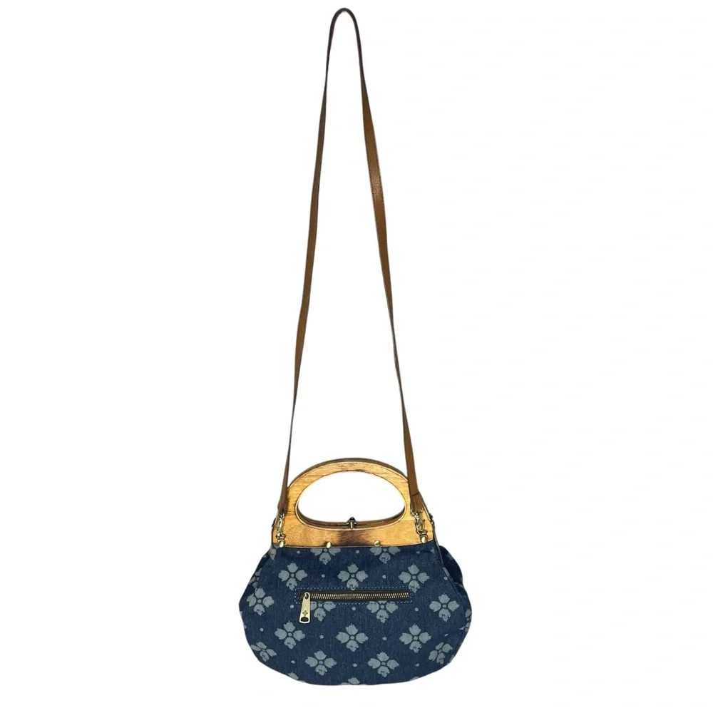 Patricia Nash Mirabella Wood Frame Denim Fabric Crossbody Bag Handbag Purse Blue
